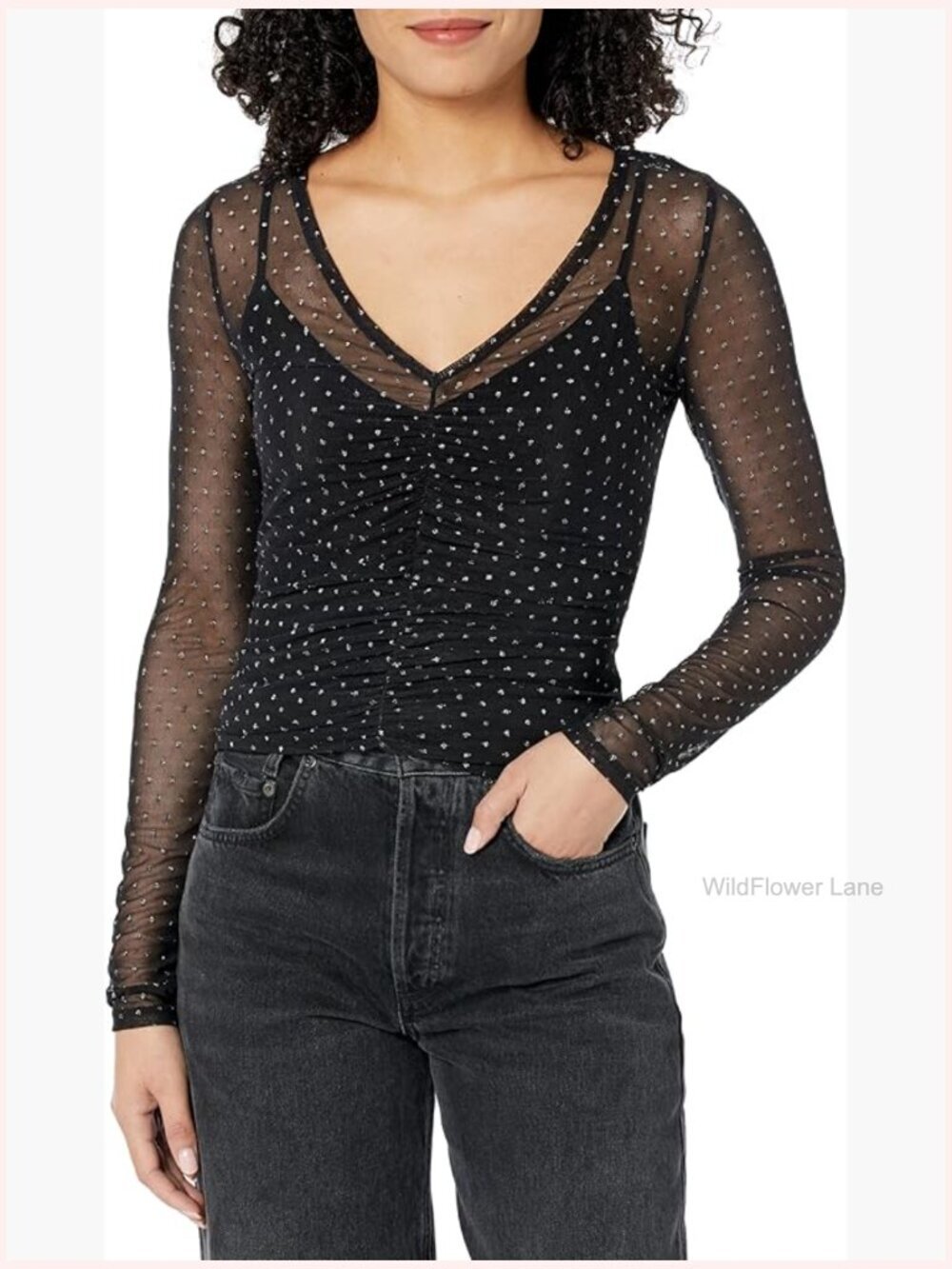 Long Sleeve Mesh Camisole Top V-Neck Polka Dot Sheer